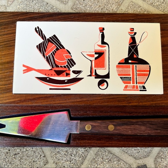 Vintage MCM Made In Japan Tile Cheese Board & Cheese Knife - Picture 2 of 9